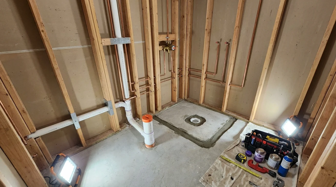 Bathroom rough-in plumbing during remodel by Johns Plumbing LLC in Pennington