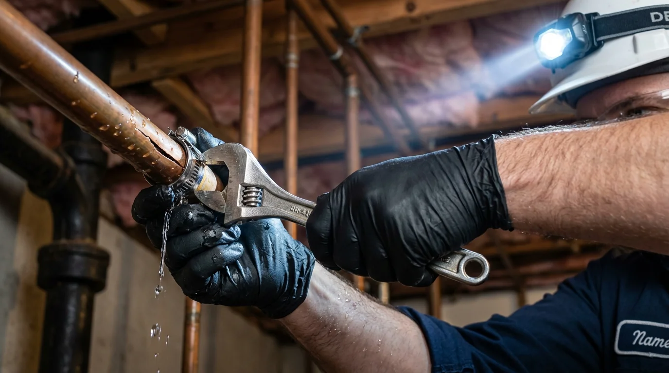 Emergency pipe clamp repair being performed by a Johns Plumbing LLC plumber in Pennington