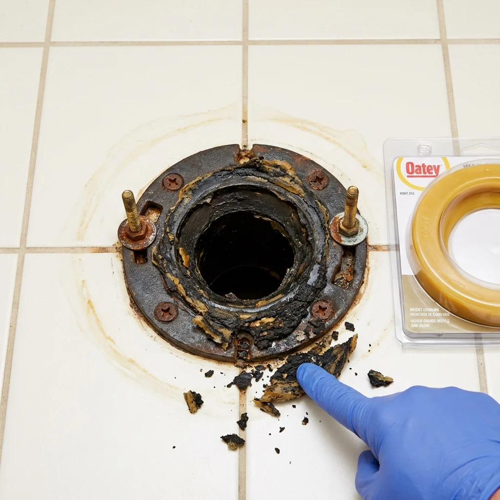 Failed wax ring showing water seepage at the base of a toilet in a Pennington, NJ home